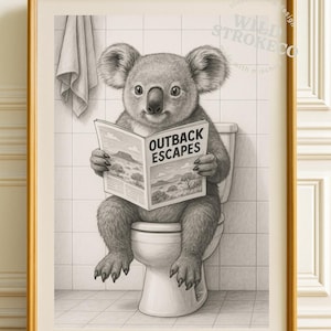 トイレのコアラのバスルームウォールアート – 面白いアウトバックプリント、レトロなオーストラリアのユーモア装飾、お子様やゲスト向けの気まぐれな動物のデジタルダウンロード
