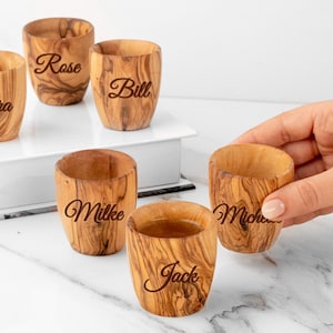 Olive Wood Wooden Shot Glasses Set Handmade Set of Small Wood Cups for Unique Entertaining + Free Personalization and Wood BeesWax