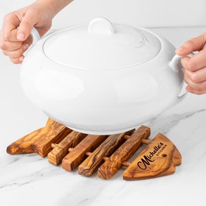 Olive Wood Trivets for hot Dishes Handmade - Fish-Shaped Wooden Trivet for Kitchen & Dining + Free Personalization and Wood Wax