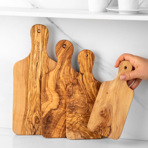 Handmade Mediterranean Olive Wood Cutting Board with Handle - Premium Chopping Board Set for Kitchen Lovers + Free Wood Wax