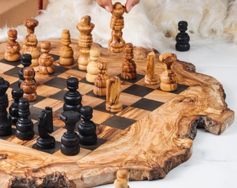 live Edge Chess Board Set Handmade from Olive Wood - Rustic Chess Set -FREE Personalization and Wood Wax