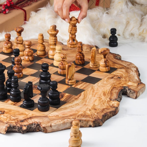 Olive Wood Chess Board with rough Edges - Rustic Chess Set -FREE Personalization and Wood Wax