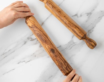 Premium Handmade Olive Wood Rolling Pin - Durable & Elegant Wooden Kitchen Tool for Baking - Practical Wooden Rolling Pins + Free Wood Wax