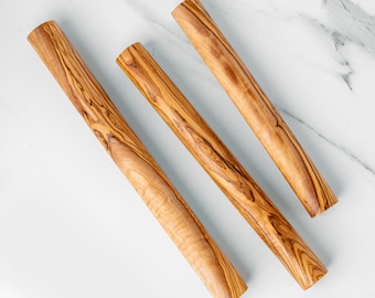 Olive Wood Straight Rolling Pin, Handmade - Practical Dough Roller for Bakery and Pastry + Free Wood Wax