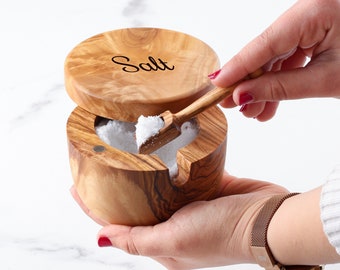 Handmade Olive Wood Salt Cellar with Pivoting Lid and Spoon - Perfect Housewarming Gift - Salt Box with Lid -FREE Personalization & Wood Wax