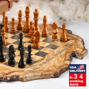 Personalized Wooden Chess Gift Set, Hand Carved Live Edge Board with Pieces for Him