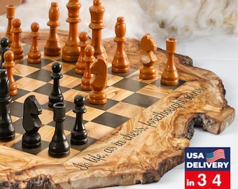 Personalized Wooden Chess Gift Set, Hand Carved Live Edge Board with Pieces for Him