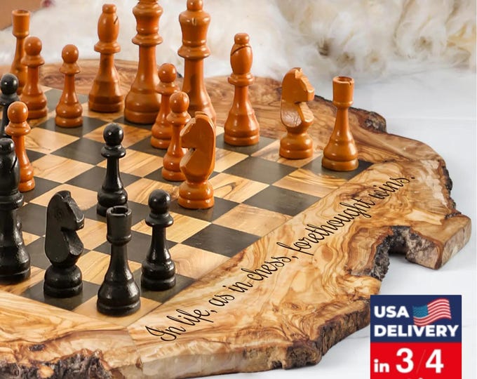 Personalized Wooden Chess Gift Set, Hand Carved Live Edge Board with Pieces for Him