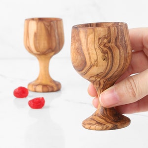 Handmade Olive Wood Small Goblet - Set of 2 Artisan Wooden Shot Glasses for Unique Drinkware +Free Personalization & Wood BeesWax