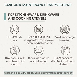 Care and Maintenance Instructions:
- Hand wash only.
- Do not Submerge in Water.
- Use Coarse Lemon to clean.
- Rinse with warm or cold water.
- Use Vinegar to disinfect and deodorize.
- Polish regularly with our wood wax or any organic oil.