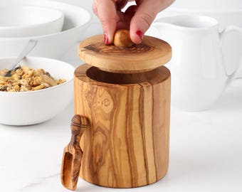 Handmade Olive Wood Salt Box with Lid and Spoon | BBQ Seasoning Grilling Gift