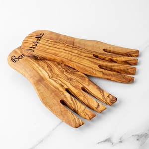 Handmade Olive Wooden Salad Servers Set of 2 - Artisan Made Salad Hands for Serving - Sustainable Kitchen + Free Personalization & Wood Wax