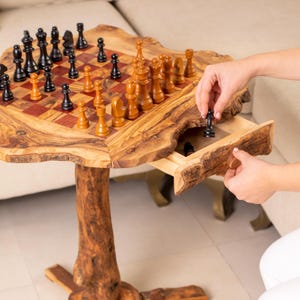 Olive Wood Chess Table with Storage Drawers, Handmade Wooden Board Game Furniture, Personalized Luxury Anniversary Gift for Him