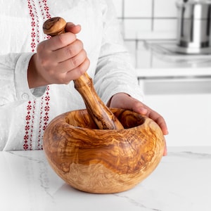 Large Olive Wood Mortar and Pestle Handmade with Round Edges for Efficient Grinding +FREE Personalization&WoodWax