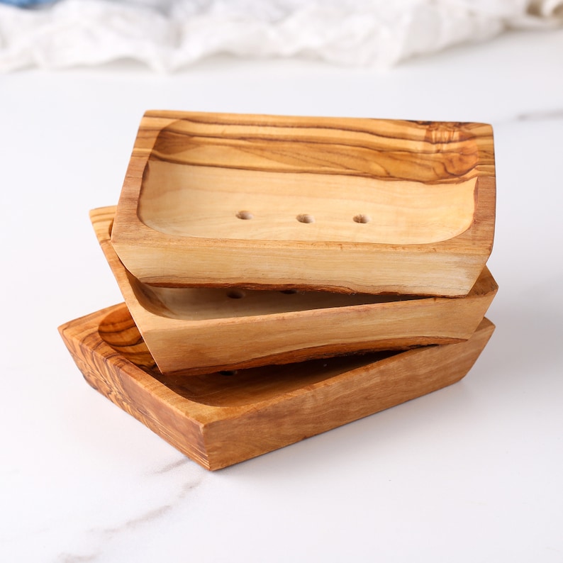 Olive Wood Soap Saver Set - 3 Draining Soap Dishes, Handmade and Eco-Friendly, Ensures Soap Longevity, Great Addition to Bathroom Accessories