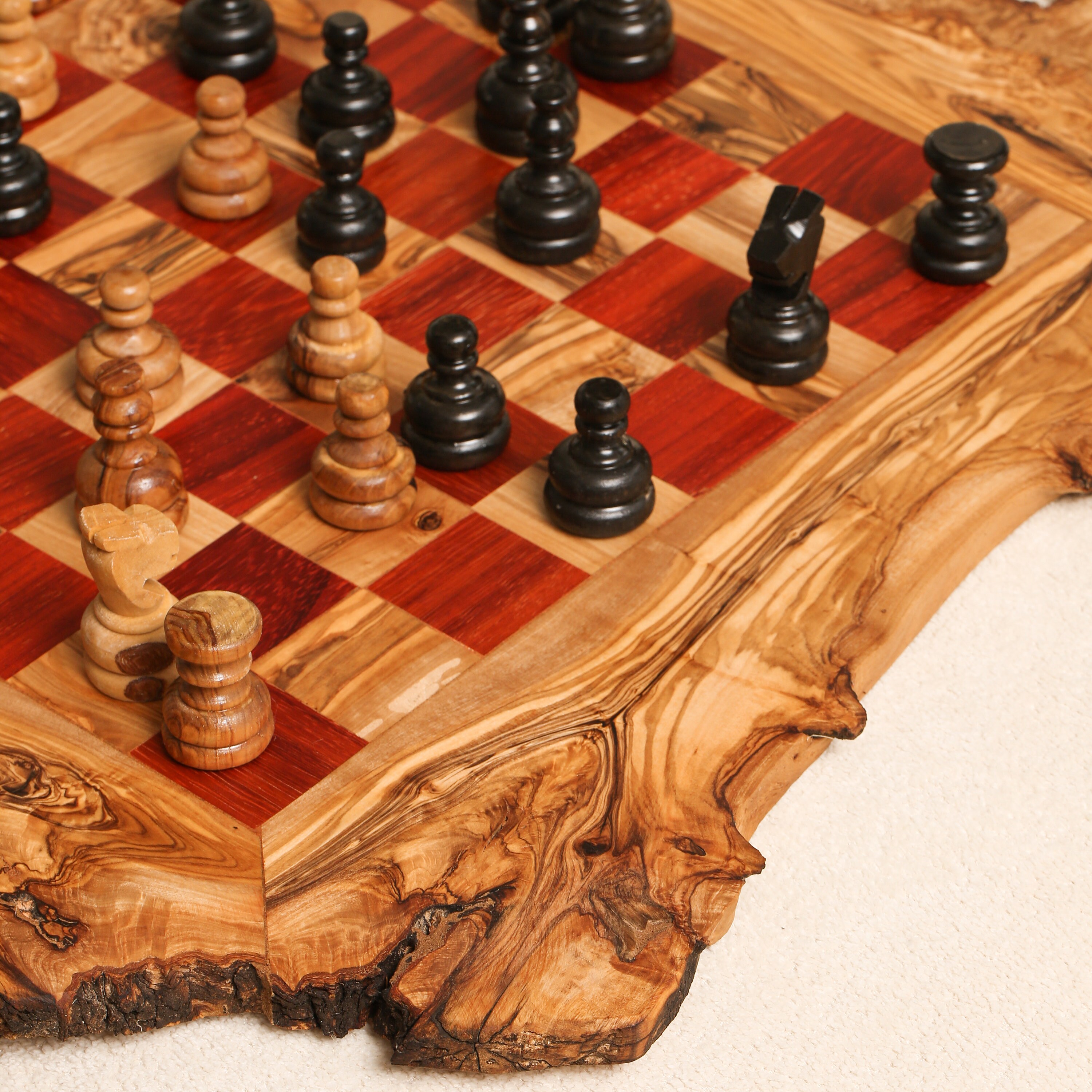 Handmade Olive Wood Chess Set With Natural Edge Traditional & Eco