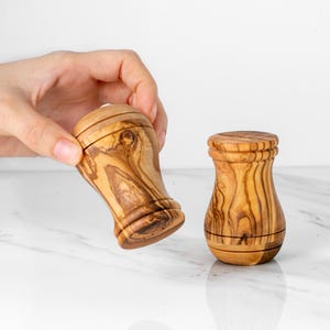 Set of 2 Salt and Pepper Shakers with Lid | Handmade Olive Wood Condiment Jars | Rustic Kitchen Gift + FREE Personalization & Wood Wax