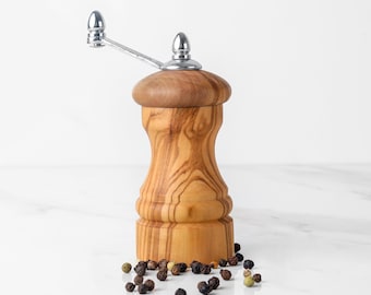 Practical Salt and Pepper Grinder handmade from Premium Mediterranean Olive Wood - Elegant Wooden Mill for Seasoning + Free Wood Wax