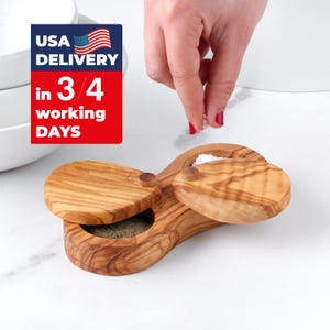 Handmade Olive Wood Salt and Pepper Pinch Pot with Pivoting Lids