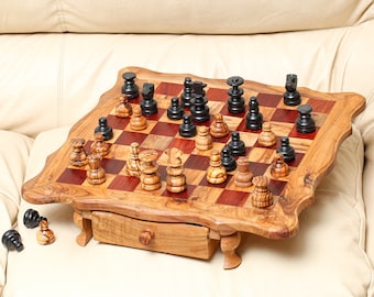 Handmade Olive Wood Chess Set - Premium Artisanal Board Game with Storage -FREE Personalization & Wood Wax