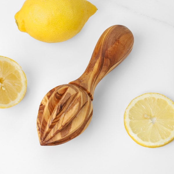 Practical Lemon Squeezer handmade from Mediterranean Olive Wood - Durable Citrus Reamer for Efficient Juicing + Free Wood Wax