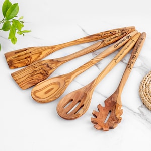 Olive Wood Utensil Set of 5 Kitchen Utensils: Wooden Cooking Spatulas & Spoons | Personalized Kitchen Gift +FREE Wood Beeswax and Engraving