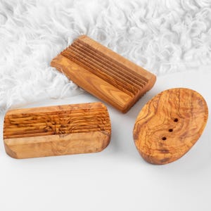 Handmade Olive Wood Soap Dish Holder | Elegant Bathroom Accessory with Drainage | 3 Unique Designs
