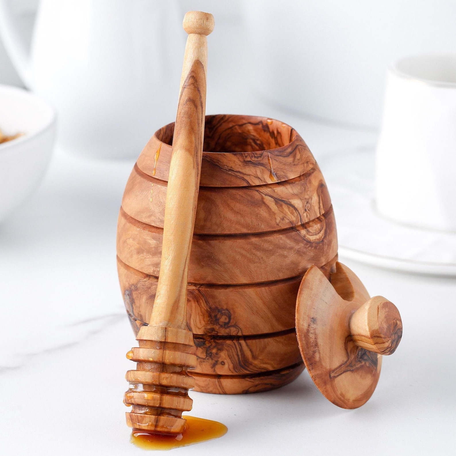 Handmade Olive Wood Honey Pot with Dipper