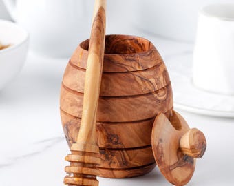 Handmade Olive Wood Honey Pot with Dipper: Personalized Honey Jar +Gift Beeswax kit
