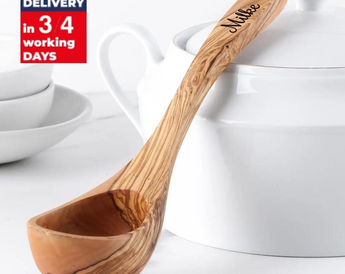 Handmade Olive Wood Soup Ladle, Personalized Wooden Kitchen Utensil +Gift Beeswax kit