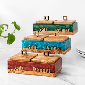 Colorful Salt and Pepper Cellar made from Olive Wood and Resin - Salt Pot with Lift-Off Lid + Spoon +FREE Personalization & Wood Wax