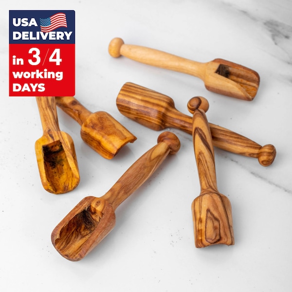 Mini Olive Wood Scoops Set, Tea Coffee Spice Measuring Spoons, Kitchen Lover Gift