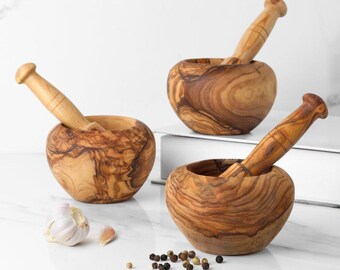 Handmade Olive Wood Mortar and Pestle Set | Rustic Spice Herb Grinder Chef Gift