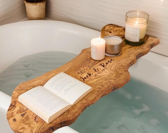 Personalized Olive Wood Bath Tray for Her Spa Bathtub Caddy Bathroom Gift