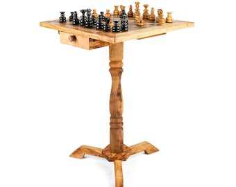 Wooden Chess Table with Drawers, Handmade from Olive Wood - Classy Chess Board Table with Storage + Free Personalization & Wood Wax