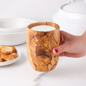 Handmade Mediterranean Olive Wood Cup for Warm and Cold Drinks - Artisan Wooden Mug for Everyday Use + Free Wood Wax