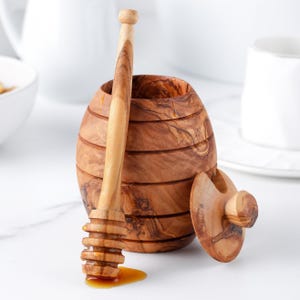 Honey Pot with Dipper Handmade of Olive Wood - Honey Jar - Honey Dippers for Serving Perfectly Gifted Honey +Free Personalization & BeesWax