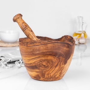 Mortar and Pestle Handmade from Olive Wood - Rustic Pestle and Mortar for Authentic Kitchen Prep + Free Personalization and Wood BeesWax