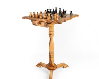 Olive Wooden Chess Table with Drawers - Handmade Chess Gifts - Unique Chess Board Table with Storage + Free Personalization & Wood Wax