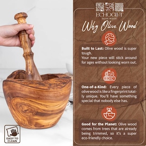 May include: A wooden mortar and pestle set made of olive wood. The mortar is a bowl shape with a textured surface, and the pestle has a rounded handle. The image also includes text that says "Why Olive Wood".