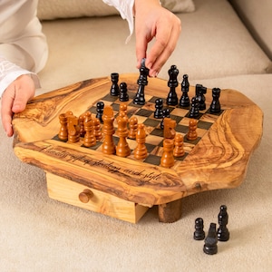 Handcrafted Olive Wood Chess Set with Storage | Rustic Chess Board with Natural Legs | Unique Wooden Chess Gift + Free Personalization
