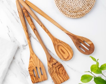 Handmade Olive Wood Cooking Utensil Set of 4 | Engraved Wedding Anniversary Gift