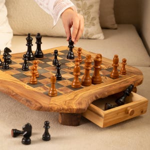 Rustic Olive Wood Chess Set Handmade - Unique Chess Gifts for him - Peronalizable Chess Board Game + Free Personalization & Wood Wax