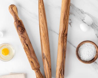 Handmade Olive Wood Rolling Pin: Handled, French and Straight, Gift for Cooks +Beeswax kit
