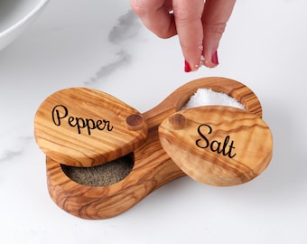 Divided Salt and Pepper Cellar with Pivoting Lids - Handmade Olive Wood Salt Box - Artisan-Made - FREE Personalization & Wood Wax