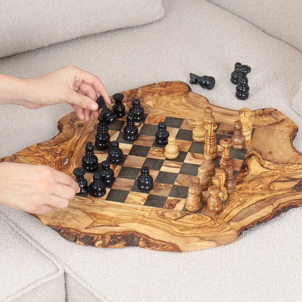 Rustic Olive Wood Chess Set - Handmade Chessboard & Pieces with Cotton Bag, Ideal Gift -FREE Personalization and Wood Wax