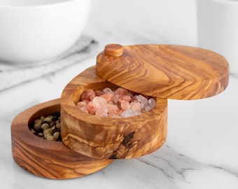 Handmade Olive Wood Salt and Pepper Cellar with Pivoting Lid | Foodie Kitchen Gift