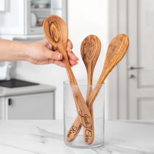 Engraved Olive Wood Cooking Spoon: Personalized Wedding Utensil