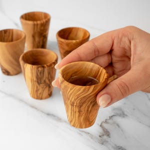 Olive Wood Shot Glass - Set of Small Handmade Wooden Cups for Special Occasions, Durable Small Wooden Cups + Free Personalization & Beeswax