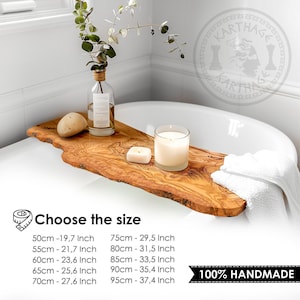 Personalized olive wood bathtub tray across a bath
